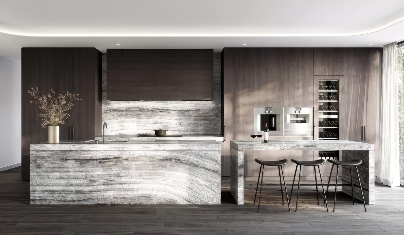 Дизайнерская кухня со столешницей из кварцевого агломерата от мастерской REVER